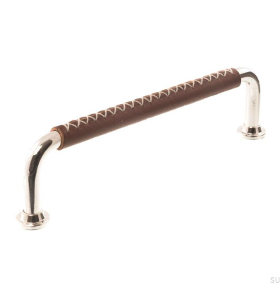 Oblong furniture handle LX 1353 96 Polished Nickel with Brown Leather