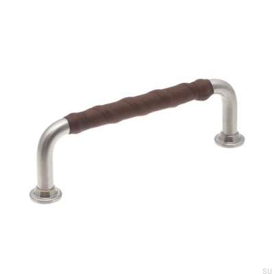 Elongated furniture handle 1353 96 Brushed Nickel with Brown Leather