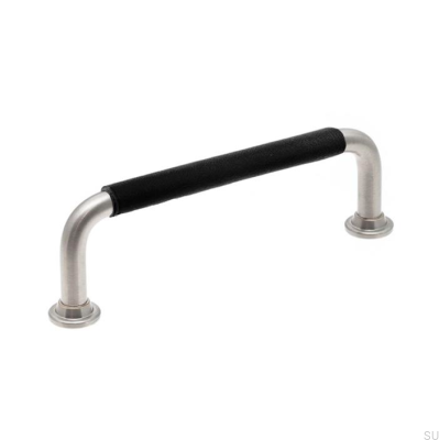 Oblong furniture handle LS 1353 96 Brushed Nickel with Black Leather