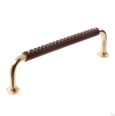 Oblong furniture handle LX 1353 96 Polished Brass with Dark Brown Leather
