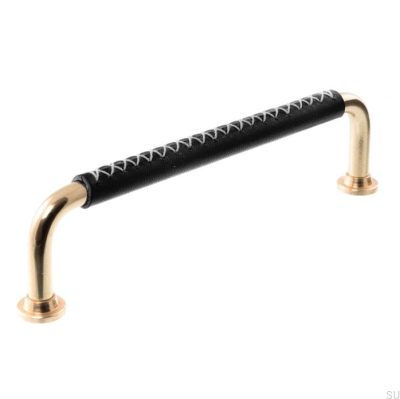 Oblong furniture handle LX 1353 96 Polished Brass with Black Leather