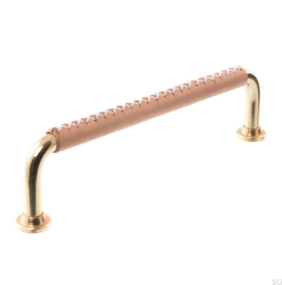 Elongated Furniture Handle 1353 96 Polished Brass with Leather