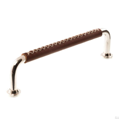 Oblong furniture handle 1131LX 1353 128 Polished Nickel with Brown Leather