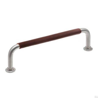 Oblong furniture handle LS 1353 128 Brushed Nickel with Dark Brown Leather
