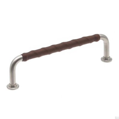 Oblong furniture handle LL 1353 128 Brushed Nickel with Dark Brown Leather