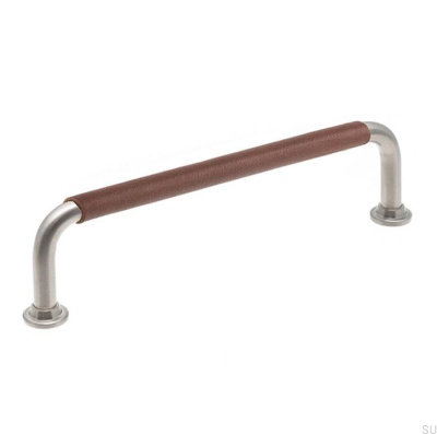 Oblong furniture handle LS 1353 128 Brushed Nickel with Brown Leather