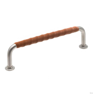 Oblong furniture handle LL 1353 128 Brushed Nickel with Brown Leather