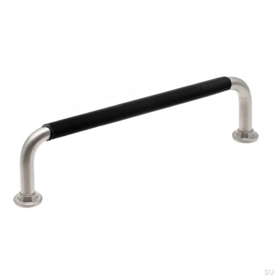 Oblong furniture handle LS 1353 128 Brushed Nickel with Black Leather