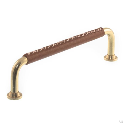 Oblong furniture handle 0131LX 1353 128 Polished Brass with Brown Leather