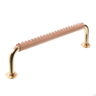 Elongated Furniture Handle 1353 128 Polished Brass with Leather