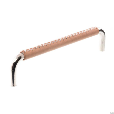 Elongated furniture handle 7353 96 Polished Nickel with Leather