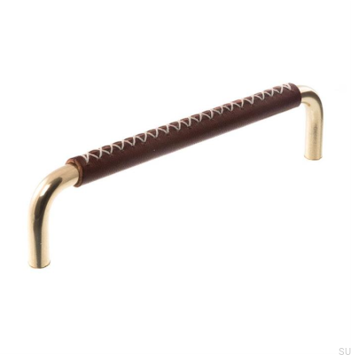 Oblong furniture handle 7353 96 Polished Brass with Dark Brown Leather