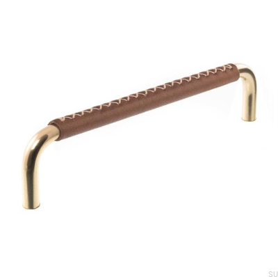 Elongated Furniture Handle 7353 96 Polished Brass with Brown Leather