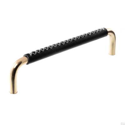 Elongated Furniture Handle 7353 96 Polished Brass with Black Leather