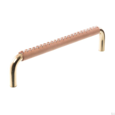 Elongated Furniture Handle 7353 96 Polished Brass with Leather