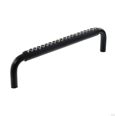 Elongated furniture handle 7353 128 Matte Black with Black Leather