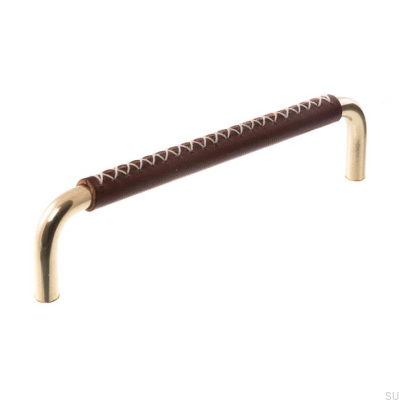 Oblong furniture handle 7353 128 Polished Brass with Dark Brown Leather