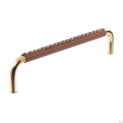 Elongated Furniture Handle 7353 128 Polished Brass with Brown Leather