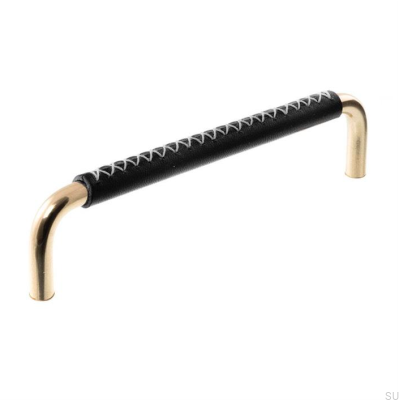 Elongated Furniture Handle 7353 128 Polished Brass with Black Leather