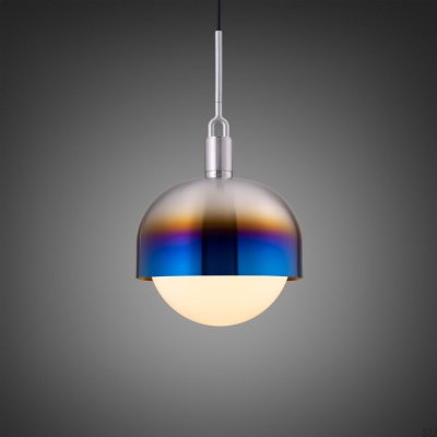 Forked L pendant lamp with a Burnt Steel cover and a Milky Shade