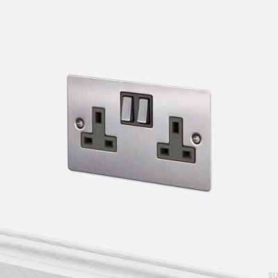Double Socket Type G UK 2G Steel Silver British Standard
