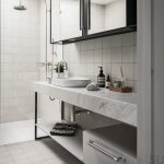 Uchwyty Pull Bar z podkładką zaprezentowane na meblach łazienkowych