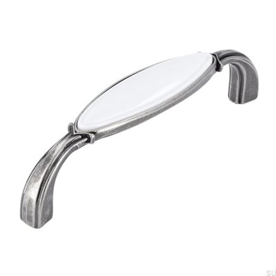 Elongated furniture handle 1973 96 Antique Silver with White
