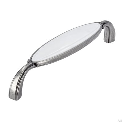 Elongated furniture handle 1973 128 Antique Silver with White