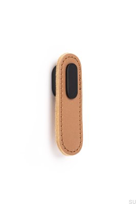 Furniture knob Oblong Beige Leather with Black