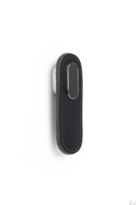 Oblong Black Leather Furniture Knob with Polished Chrome