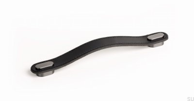 Elongated furniture handle Oblong 160 Leather Black with Gray Brushed