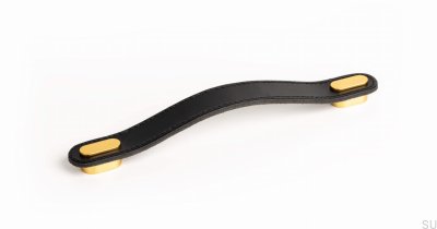 Elongated furniture handle Oblong 160 Leather Black with Gold Brushed