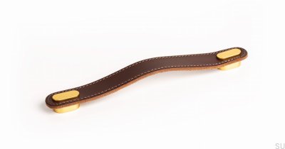 Elongated furniture handle Oblong Brown Leather with Brushed Gold