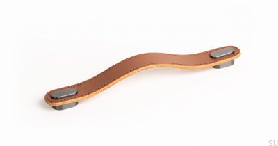 Elongated furniture handle Oblong Beige Leather with Brushed Gray