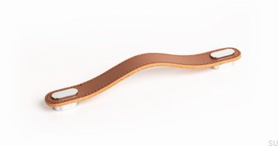 Elongated furniture handle Oblong Beige Leather with Polished Chrome