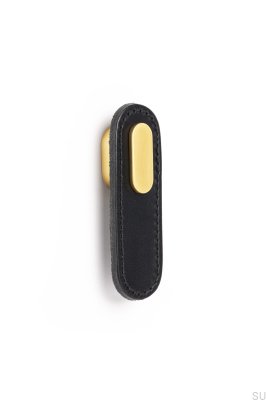 Oblong Black Leather Furniture Knob with Brushed Gold