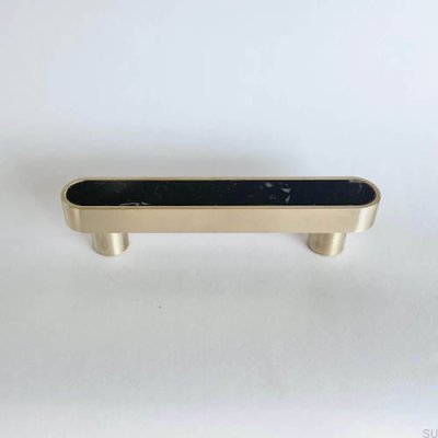 Elongated furniture handle. Brass. Brushed Black Marble