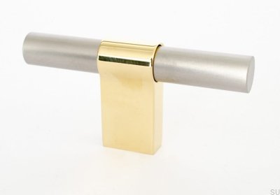 T-Bar Line Big Mix 12 furniture knob, Brushed Steel with Polished Brass