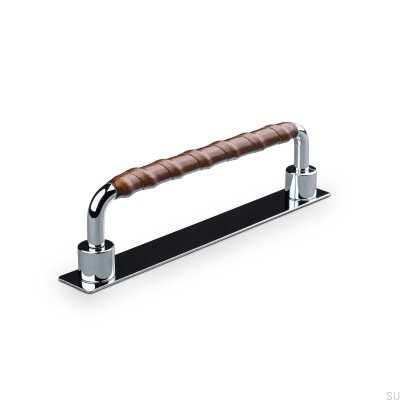Asissi Wrapped 128 oblong furniture handle Polished Chrome with Brown Leather