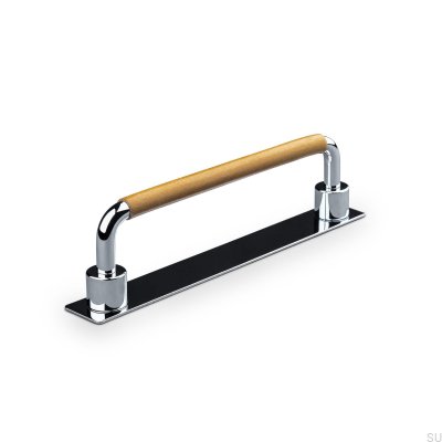 Asissi Swept 128 oblong furniture handle Polished Chrome with Light Brown Leather