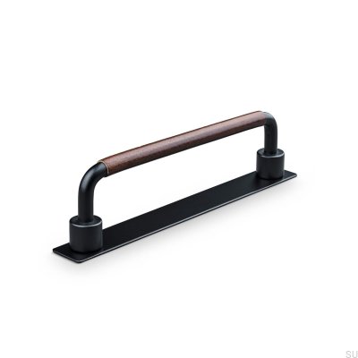 Asissi Swept 128 oblong furniture handle, Matt Black with Brown Leather