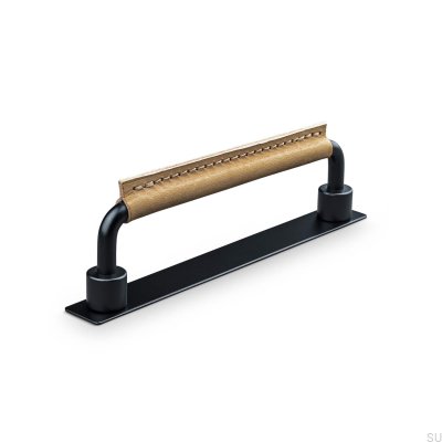 Asissi Stitched 128 oblong furniture handle Matt Black with Light Brown Leather
