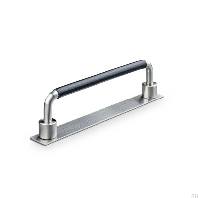 Asissi Swept 128 oblong furniture handle Silver Brushed with Black Leather