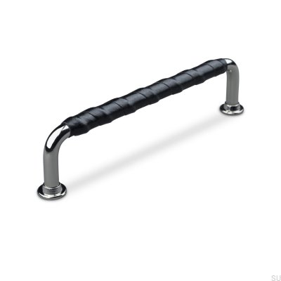 Burano Wrapped 128 oblong furniture handle Polished Chrome with Black Leather