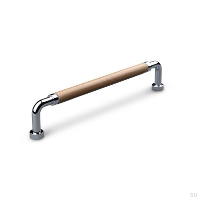 Oblong furniture handle Posta Swept 160 Polished Chrome with Light Brown Leather