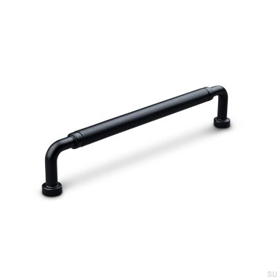 Posta Swept 160 oblong furniture handle in Matt Black Metal with Black Leather