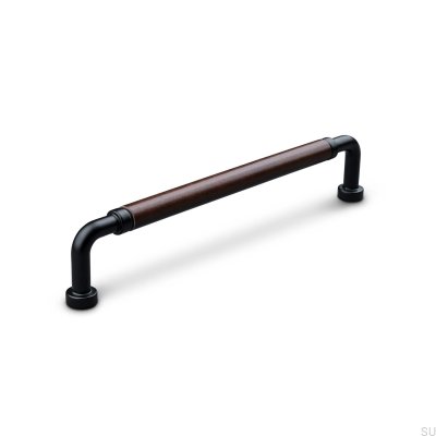 Oblong furniture handle Posta Swept 160 Metal Matt Black with Brown Leather