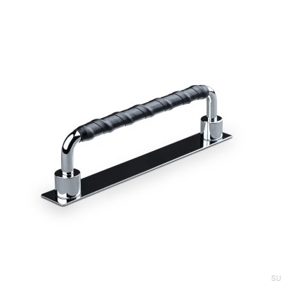 Asissi Wrapped 128 oblong furniture handle Polished Chrome with Black Leather