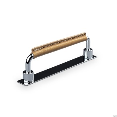 Asissi Stitched 128 Oblong Furniture Handle Polished Chrome with Light Brown Leather