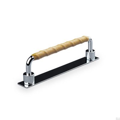 Asissi Wrapped 128 oblong furniture handle Polished Chrome with Light Brown Leather